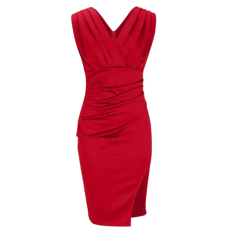 Polyester Blend Pleated Midi Dress with a Tailored Bodycon Fit