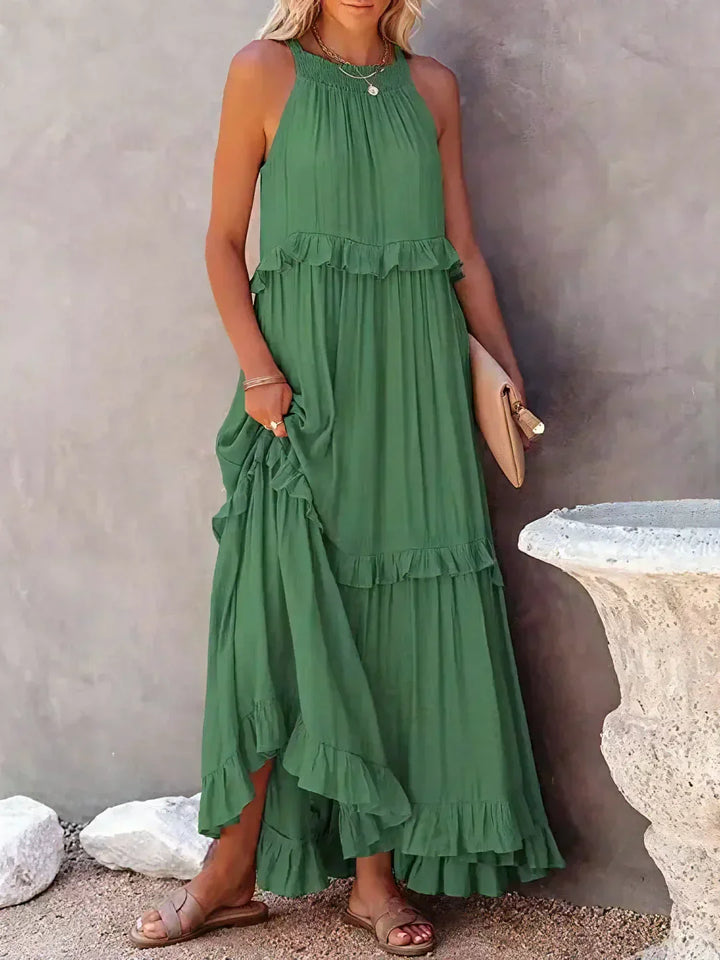 Polyester Soft Ruffle Maxi Dress with a Flowing Halter Fit
