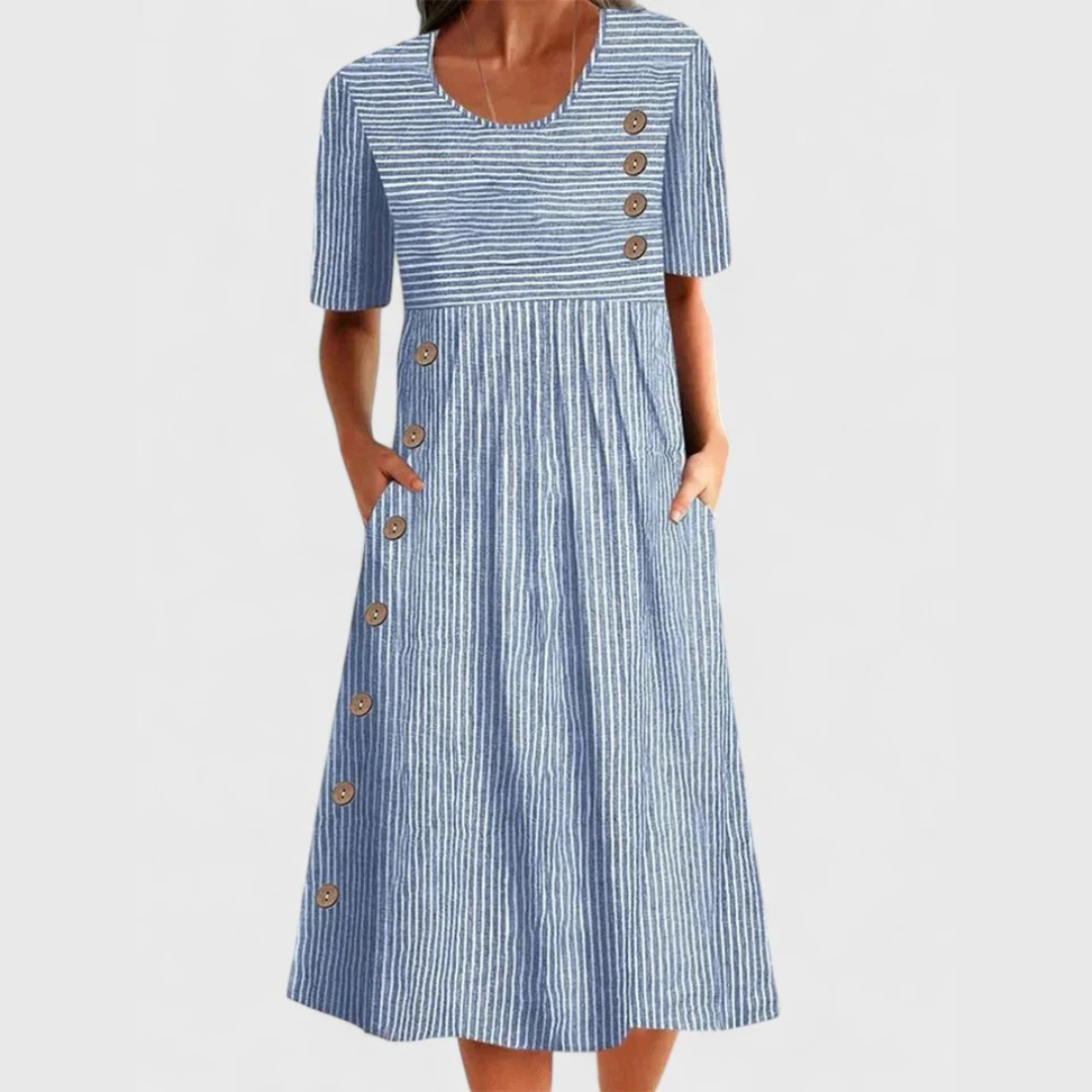 Cotton-Blend Soft Stripe Midi Dress with a Relaxed Flowing Fit