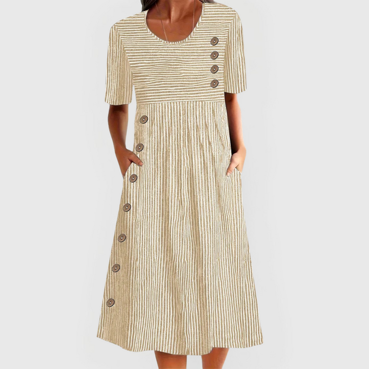 Cotton-Blend Soft Stripe Midi Dress with a Relaxed Flowing Fit