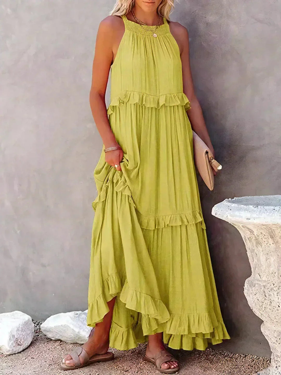 Polyester Soft Ruffle Maxi Dress with a Flowing Halter Fit