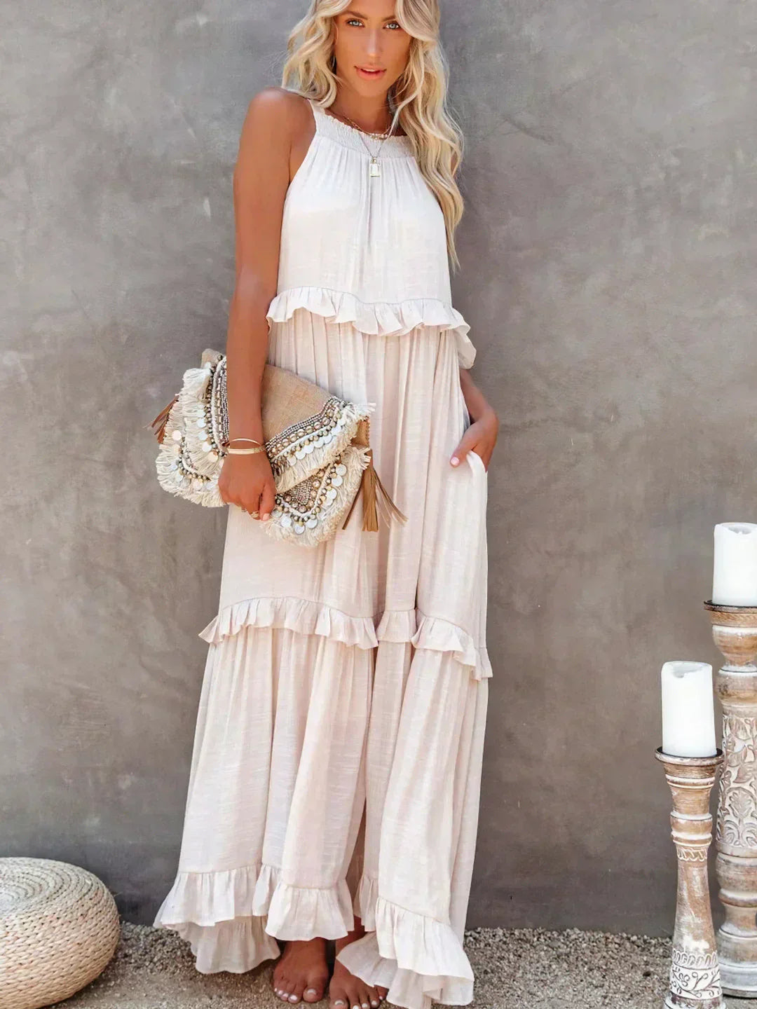 Polyester Soft Ruffle Maxi Dress with a Flowing Halter Fit