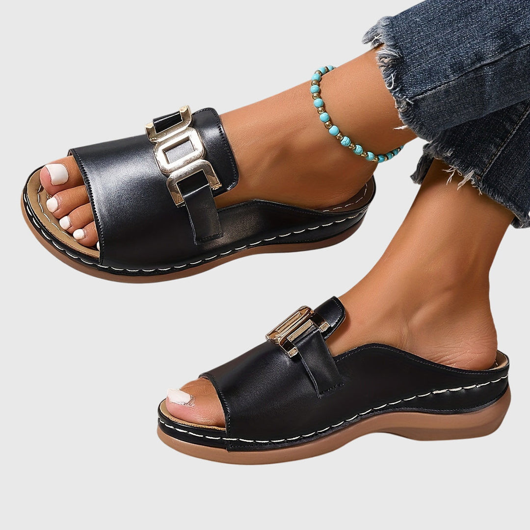 Faux-Leather Smooth Buckle Sandals in an Easy Slip-On Fit