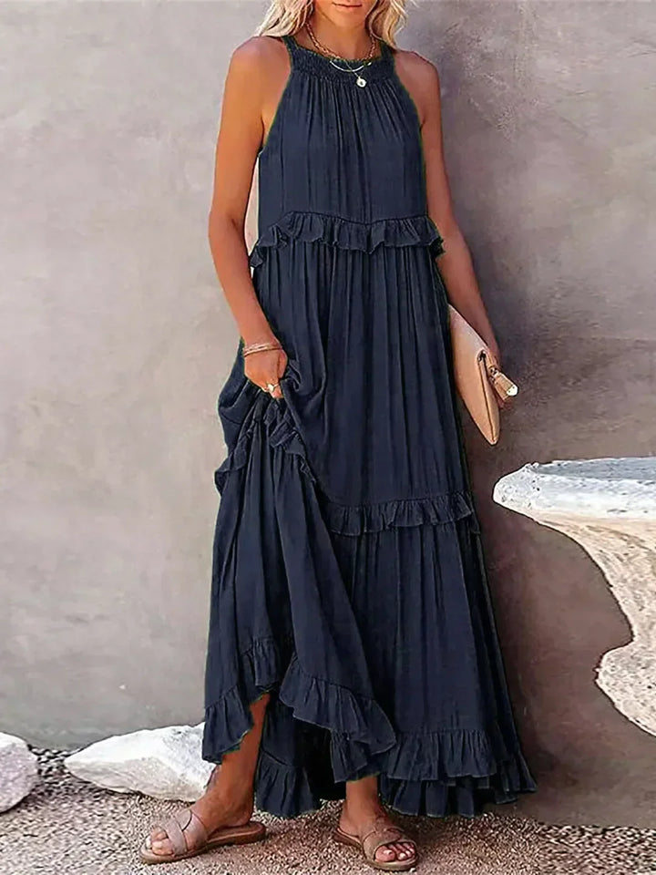 Polyester Soft Ruffle Maxi Dress with a Flowing Halter Fit