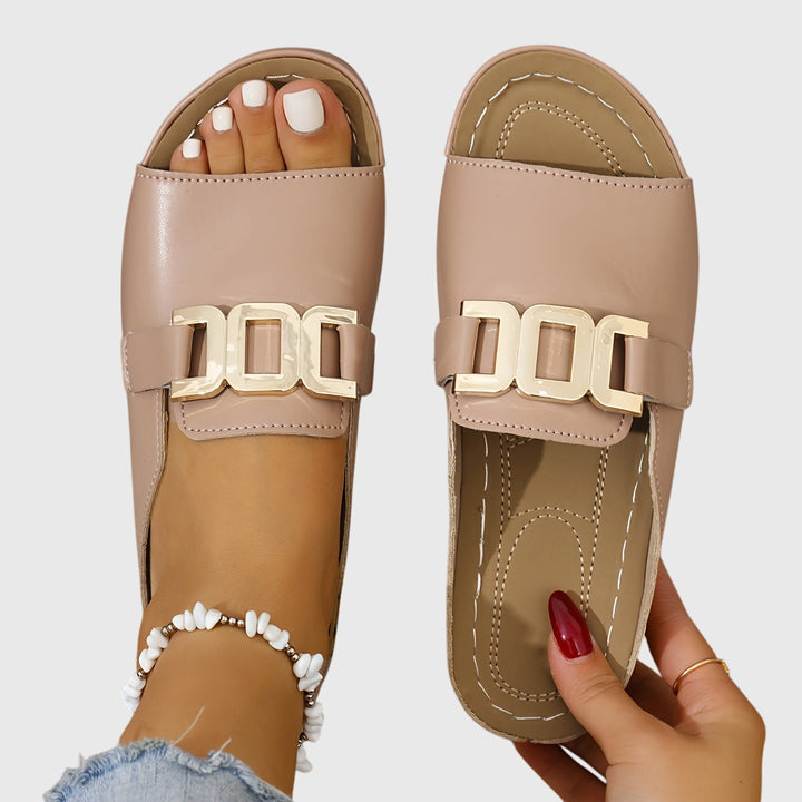 Faux-Leather Smooth Buckle Sandals in an Easy Slip-On Fit