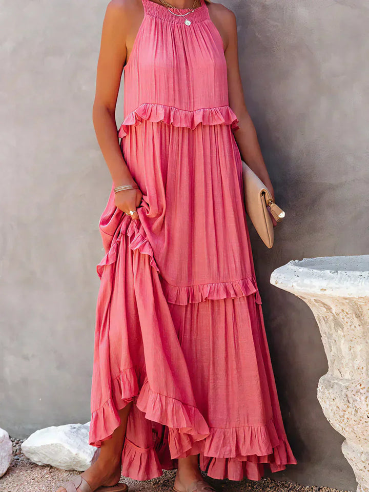 Polyester Soft Ruffle Maxi Dress with a Flowing Halter Fit