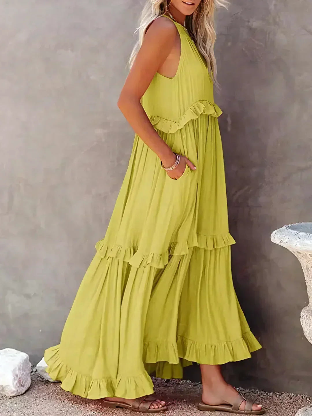Polyester Soft Ruffle Maxi Dress with a Flowing Halter Fit