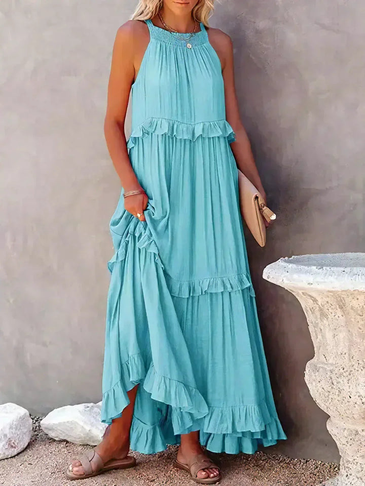 Polyester Soft Ruffle Maxi Dress with a Flowing Halter Fit