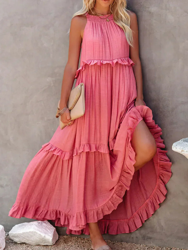 Polyester Soft Ruffle Maxi Dress with a Flowing Halter Fit