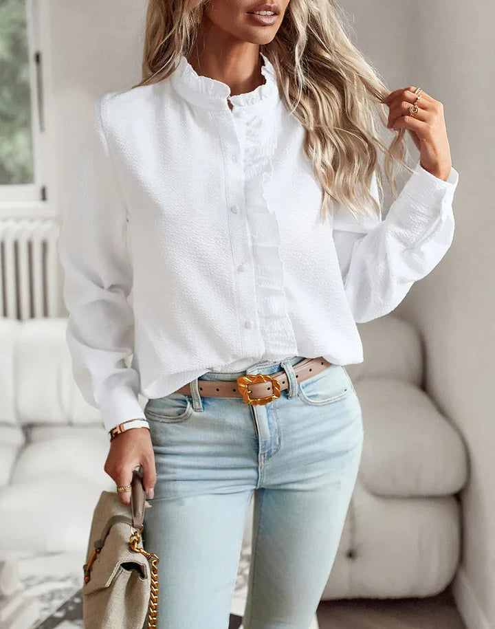 Cotton-Blend Ruffled Button-Up Shirt with a Relaxed Feminine Fit