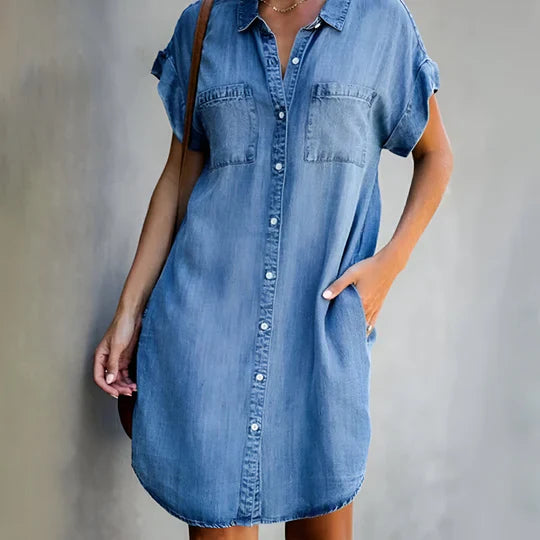 Denim-Blend Button-Down Dress with a Relaxed Flattering Fit