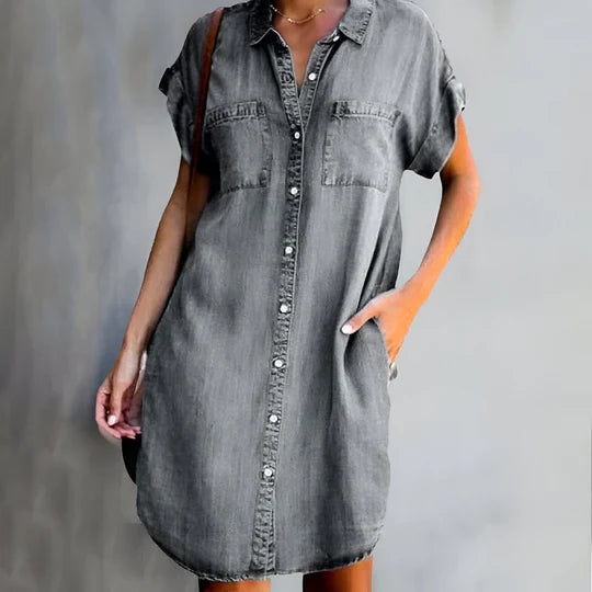 Denim-Blend Button-Down Dress with a Relaxed Flattering Fit