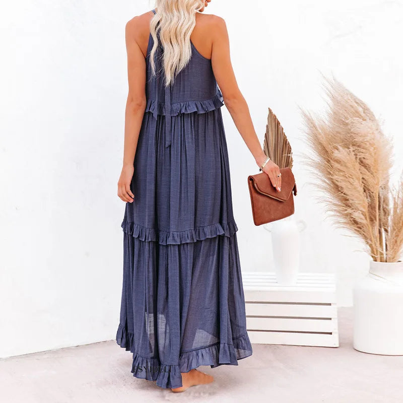 Polyester Soft Ruffle Maxi Dress with a Flowing Halter Fit
