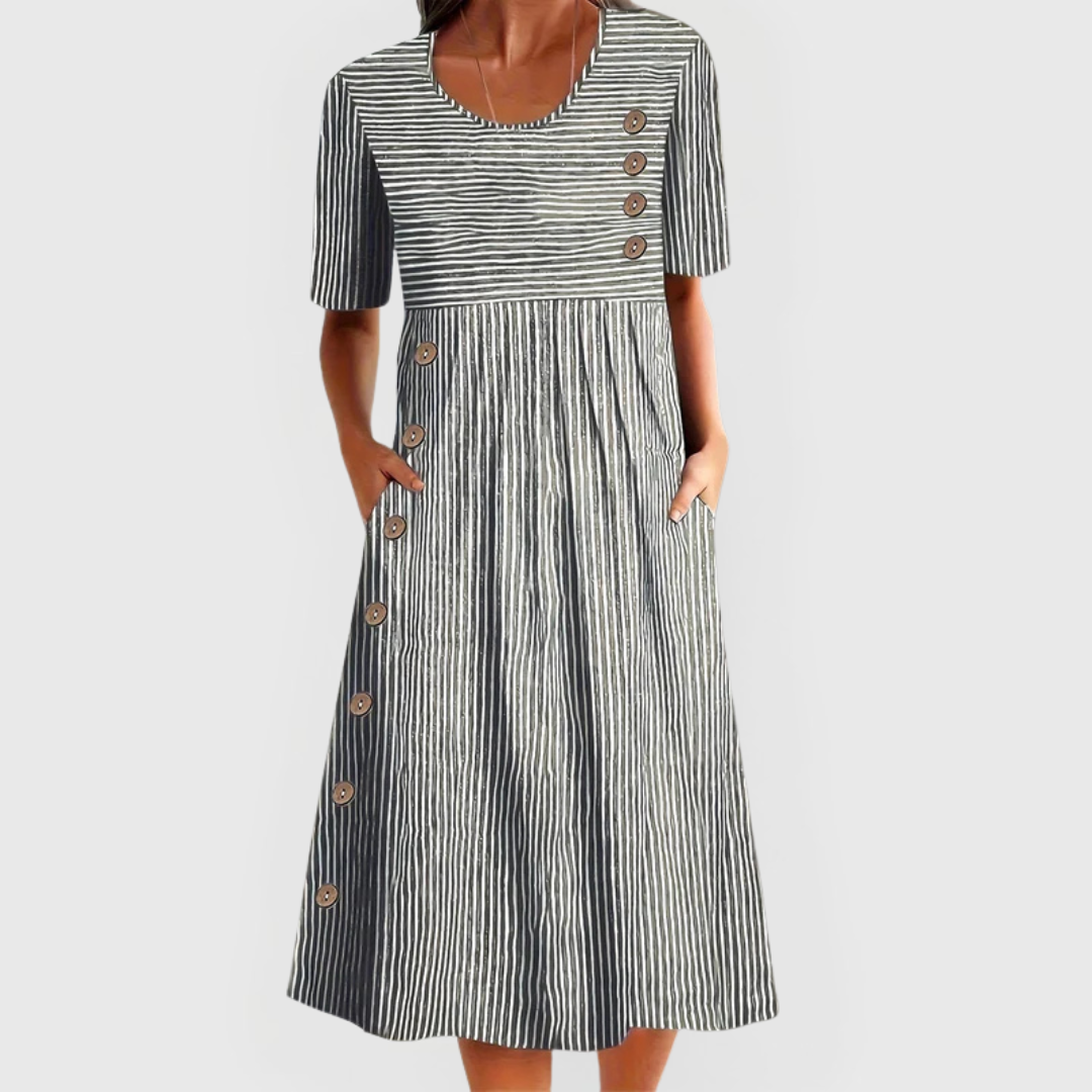 Cotton-Blend Soft Stripe Midi Dress with a Relaxed Flowing Fit