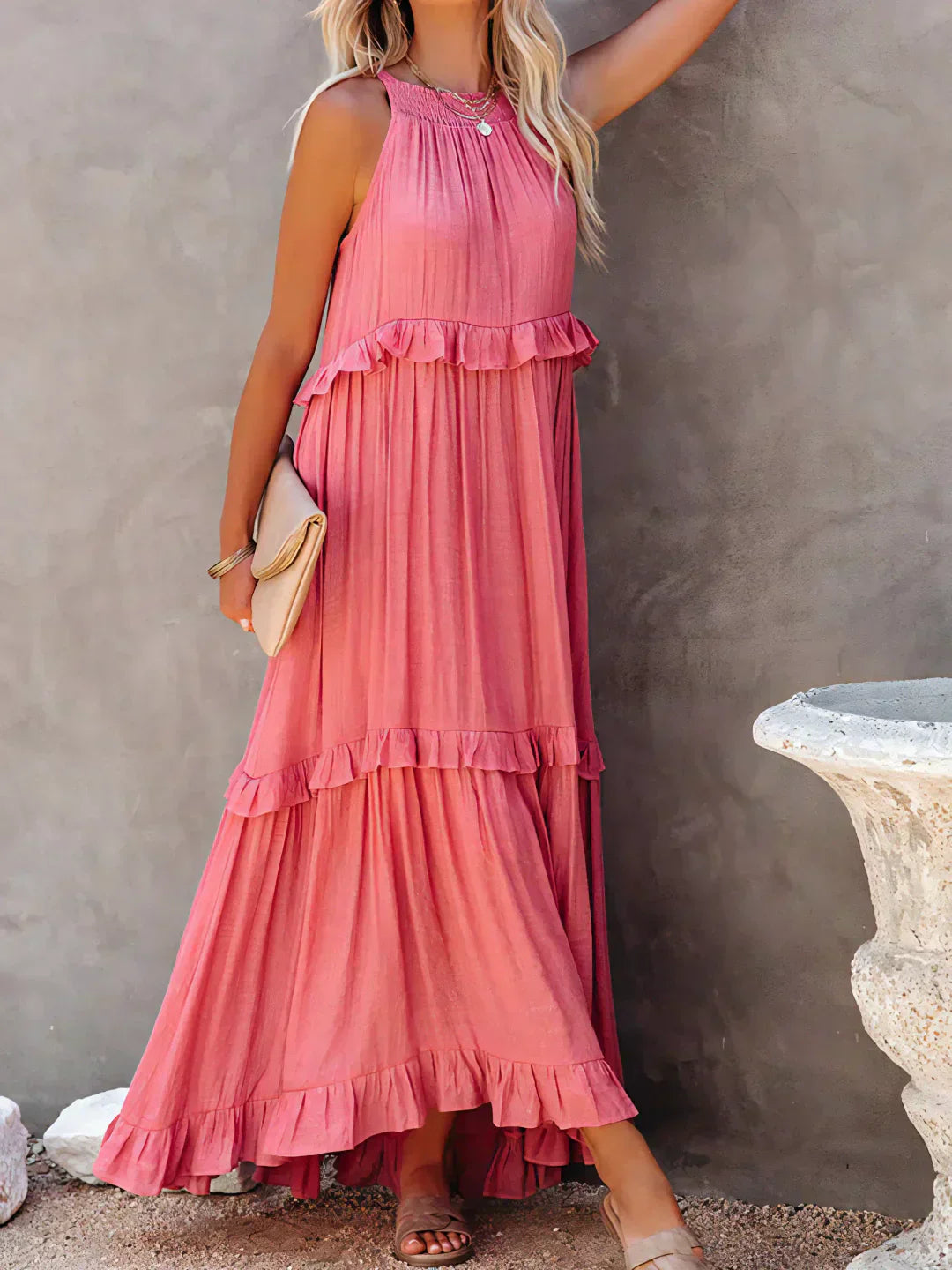 Polyester Soft Ruffle Maxi Dress with a Flowing Halter Fit