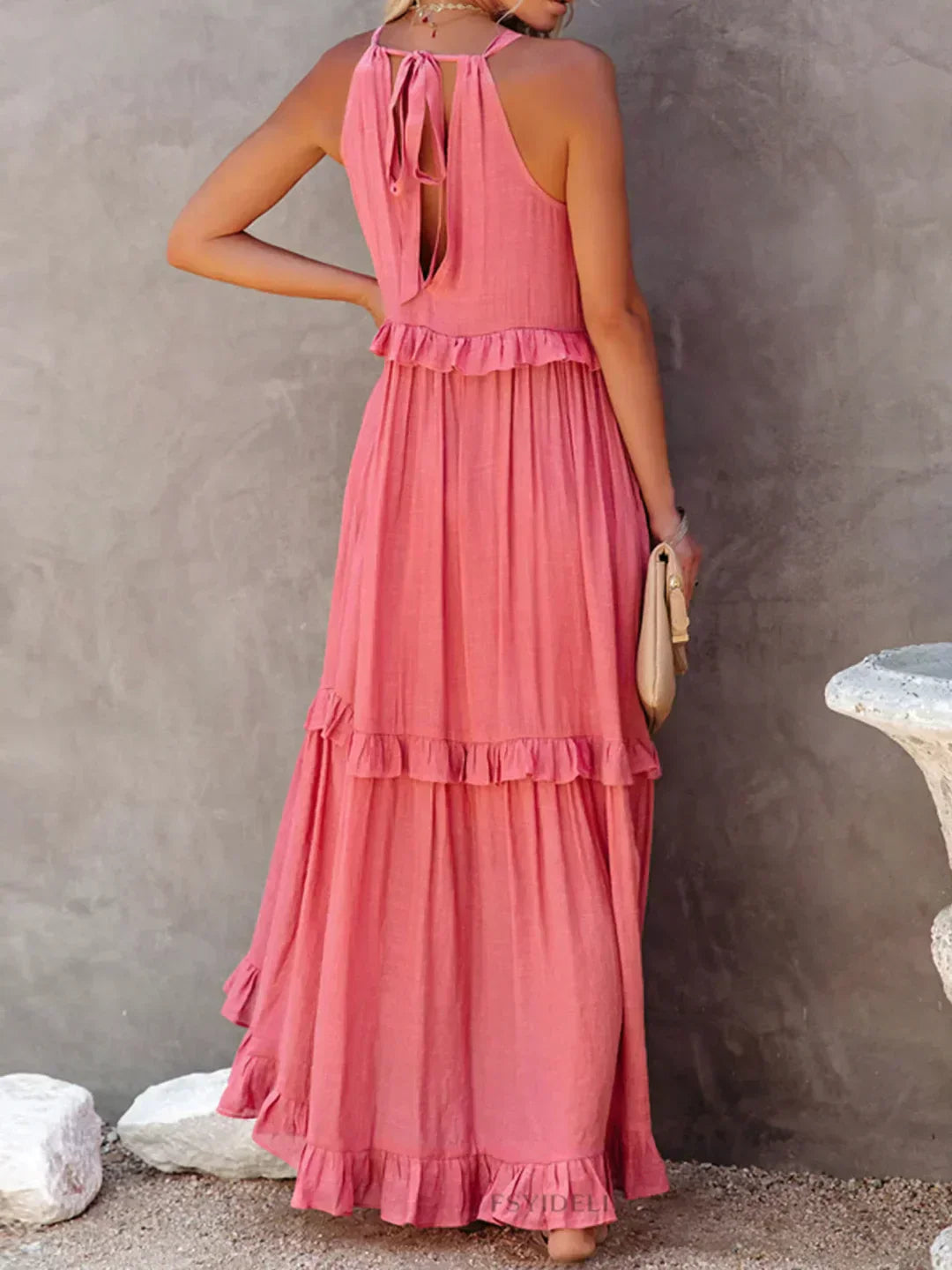 Polyester Soft Ruffle Maxi Dress with a Flowing Halter Fit