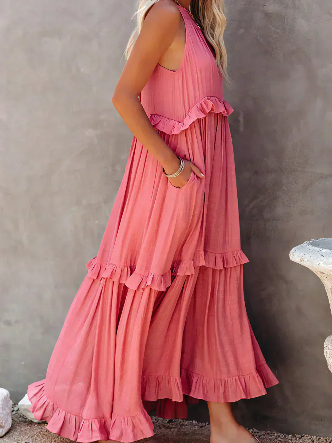 Polyester Soft Ruffle Maxi Dress with a Flowing Halter Fit