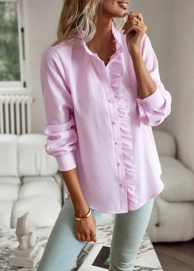 Cotton-Blend Ruffled Button-Up Shirt with a Relaxed Feminine Fit