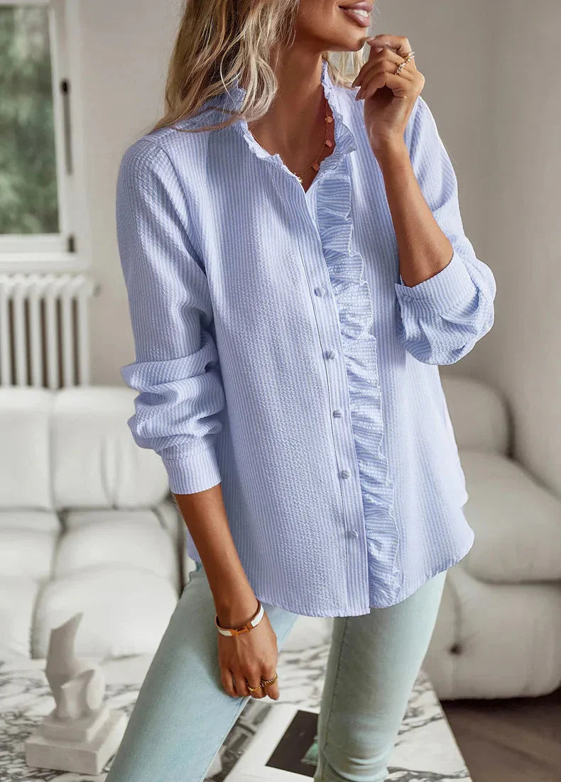 Cotton-Blend Ruffled Button-Up Shirt with a Relaxed Feminine Fit