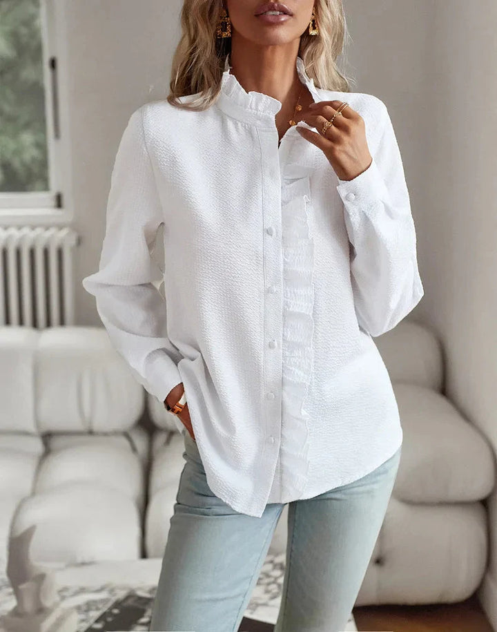 Cotton-Blend Ruffled Button-Up Shirt with a Relaxed Feminine Fit