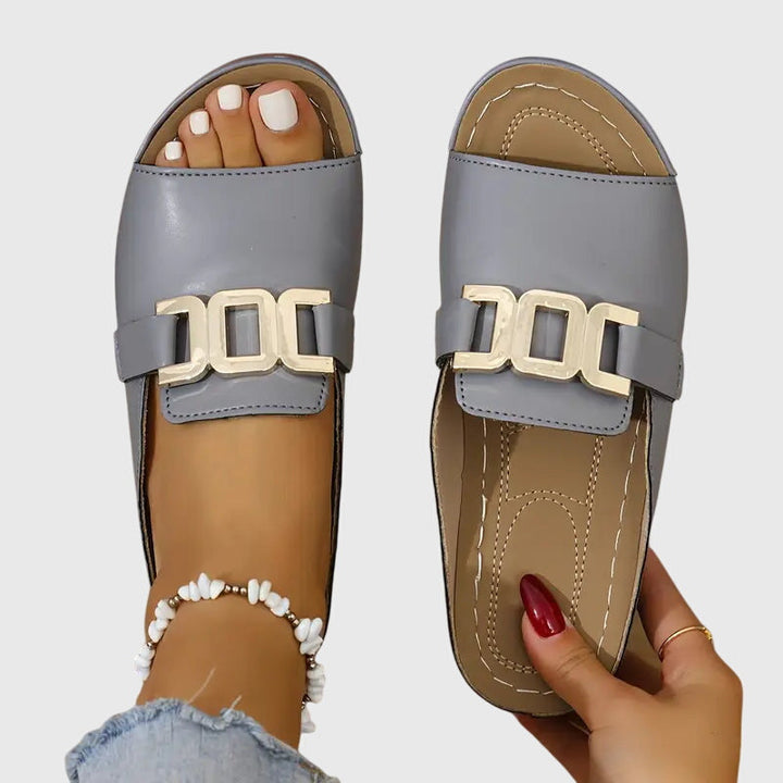 Faux-Leather Smooth Buckle Sandals in an Easy Slip-On Fit