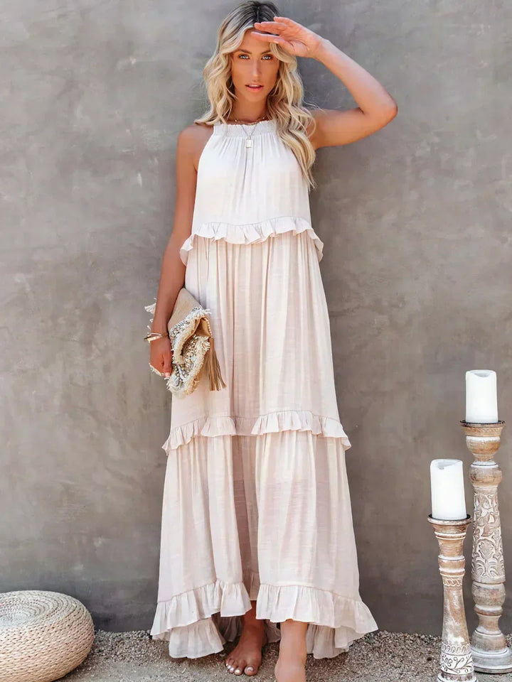 Polyester Soft Ruffle Maxi Dress with a Flowing Halter Fit
