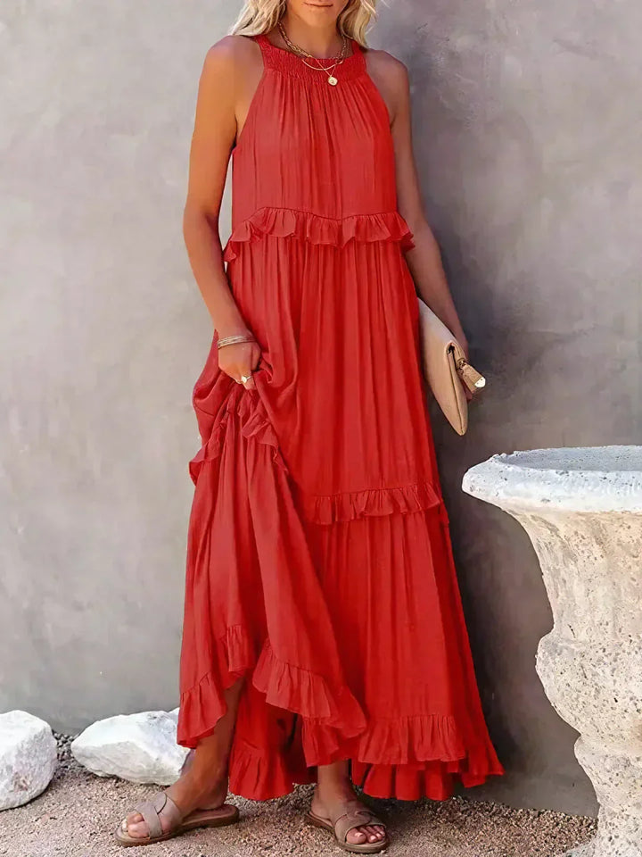 Polyester Soft Ruffle Maxi Dress with a Flowing Halter Fit