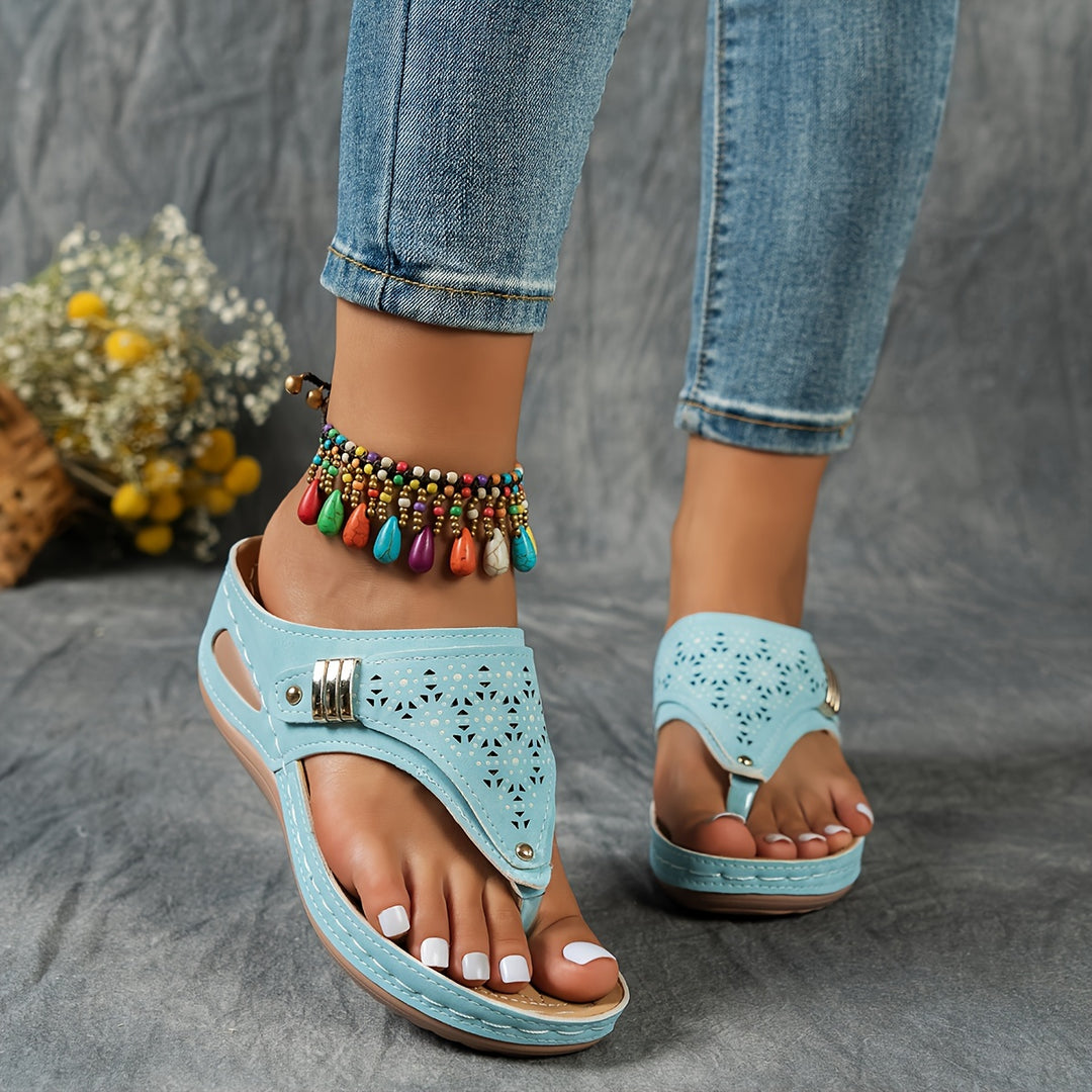 Faux-Leather Flip-Flop Wedges with a Soft Supportive Fit