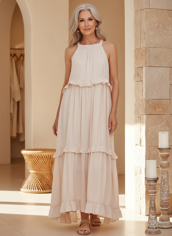 Polyester Soft Ruffle Maxi Dress with a Flowing Halter Fit